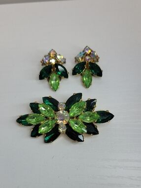 Vintage Rhinestone  Brooch and Earring Set, Emerald Green & AB
